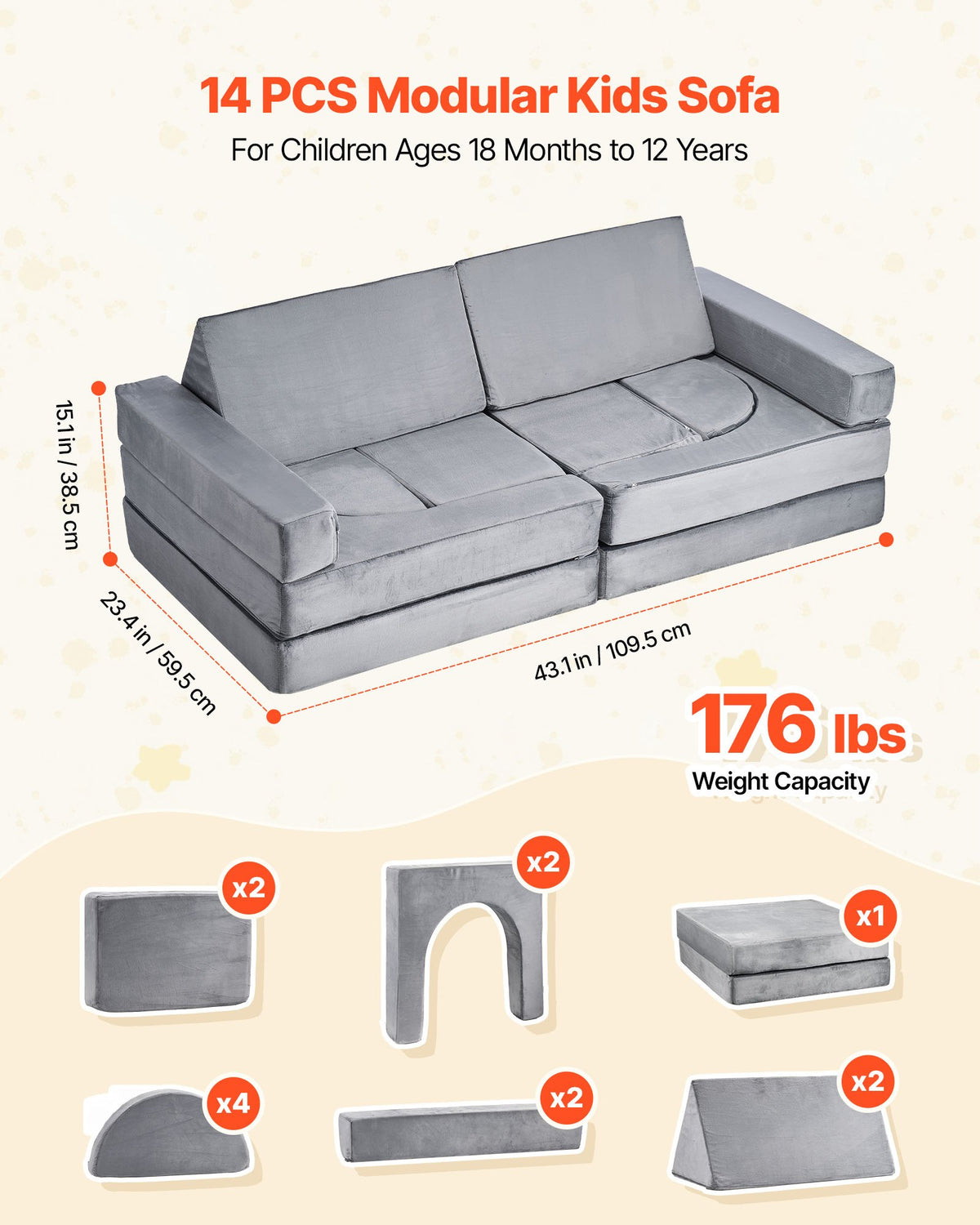 Modular Kids Play Couch, Sectional Toddler Sofa with Armrests, 28D Sponge & Short Pile, Convertible Kids V952-ZHETSF14JTHSOMUNU001V0