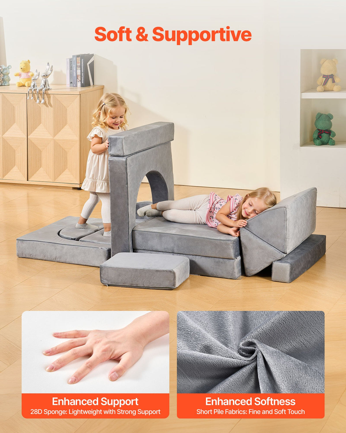 Modular Kids Play Couch, Sectional Toddler Sofa with Armrests, 28D Sponge & Short Pile, Convertible Kids V952-ZHETSF14JTHSOMUNU001V0