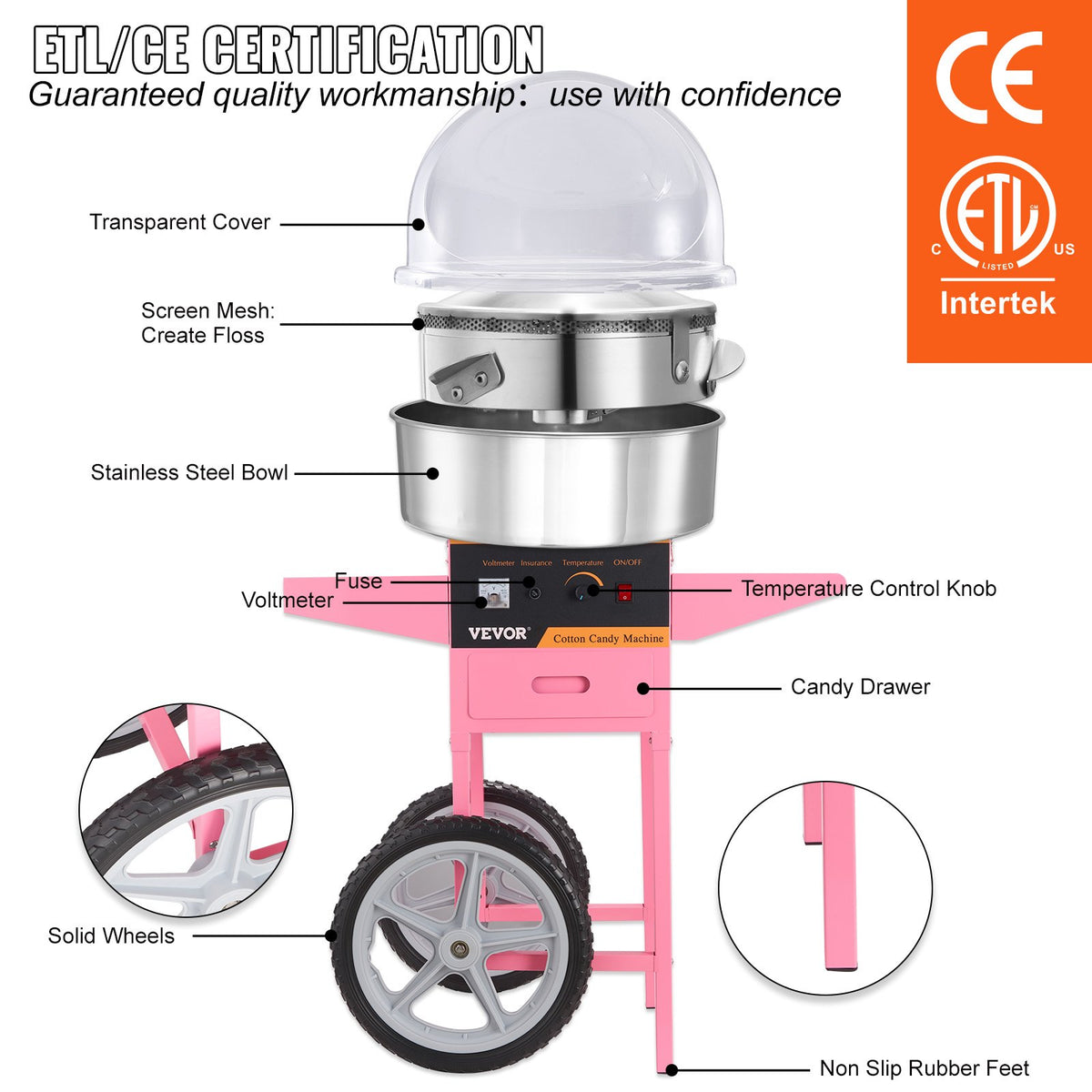 Commercial Cotton Candy Machine with Cart & Cover Sugar Floss Maker 1000W V952-ZHSKU00000000000018