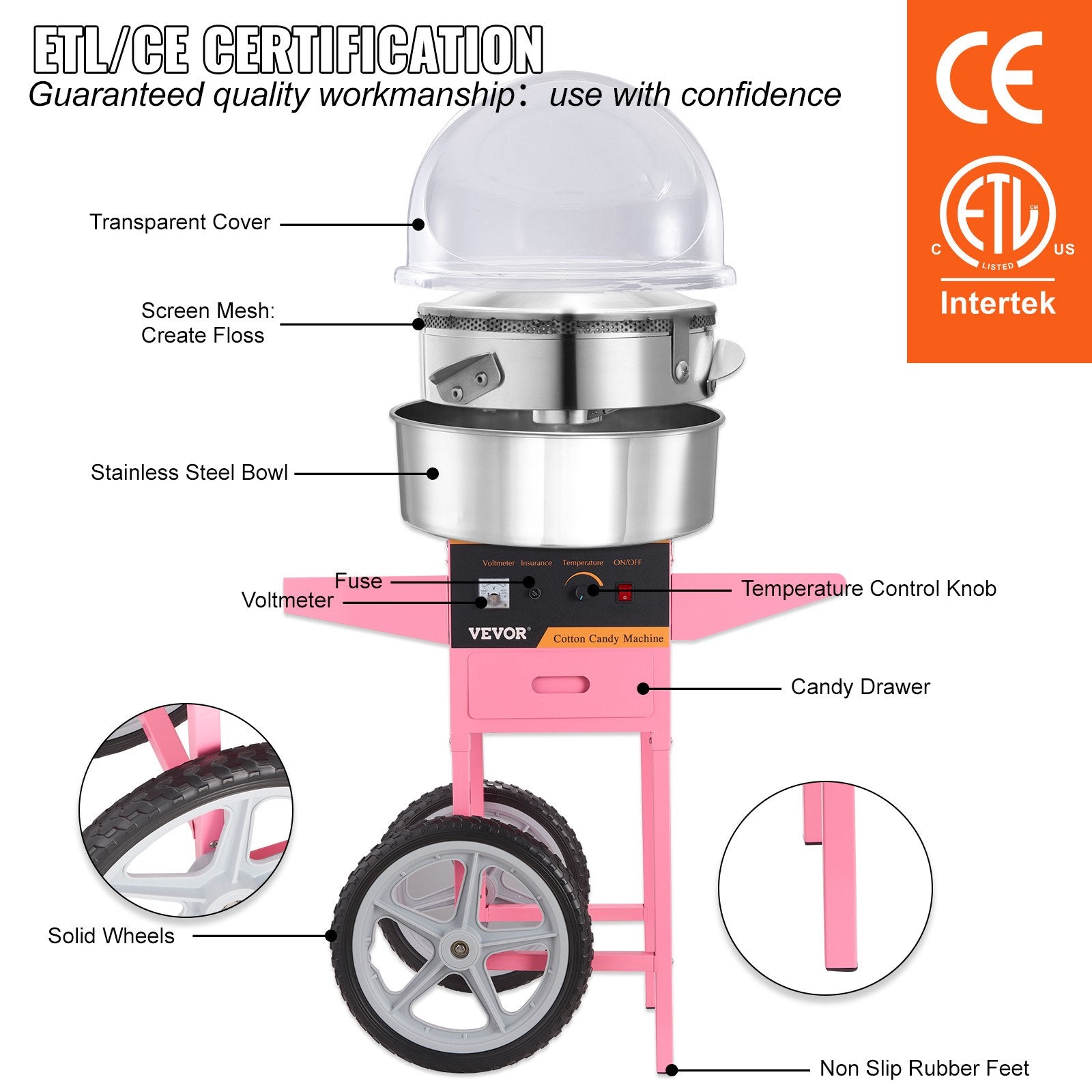 Commercial Cotton Candy Machine with Cart & Cover Sugar Floss Maker 1000W V952-ZHSKU00000000000018