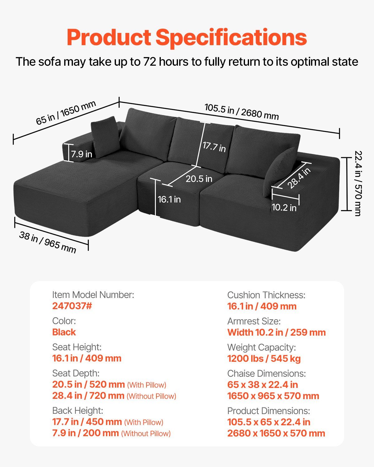 Modular Sectional Sofa, L Shaped Modular Sofa with Chaise, Cloud Sectional Couch with High Rebound Sponge and V952-ZHSSFLX1001039A6QV0