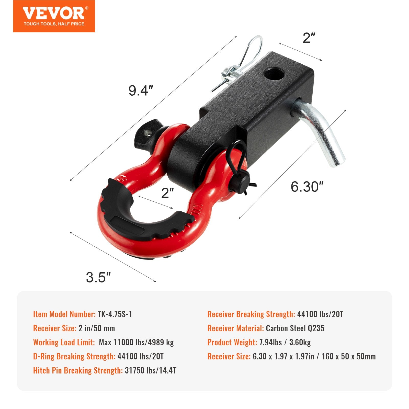 Shackle Hitch Receiver, Fits 50 mm Receivers, 20 Tons Breaking Strength, D Ring Shackle with Trailer Hitch V952-ZJHJG2IN35005KAPBV0