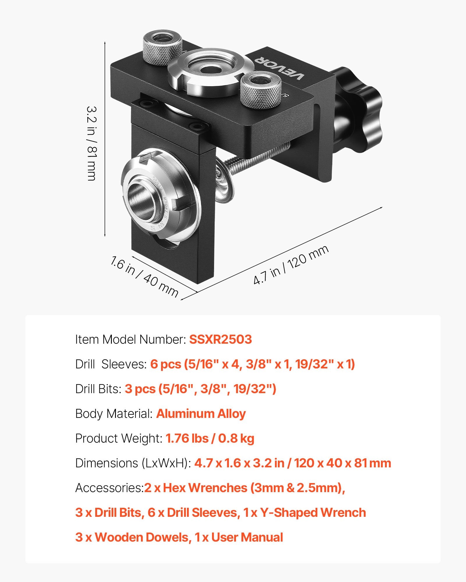 Doweling Jig Kit, Self Centering Dowel Drill Jig for Straight Holes, Aluminum Alloy Woodworking Joints Tool V952-ZJJJJXZKJJ00ELCE6001V0