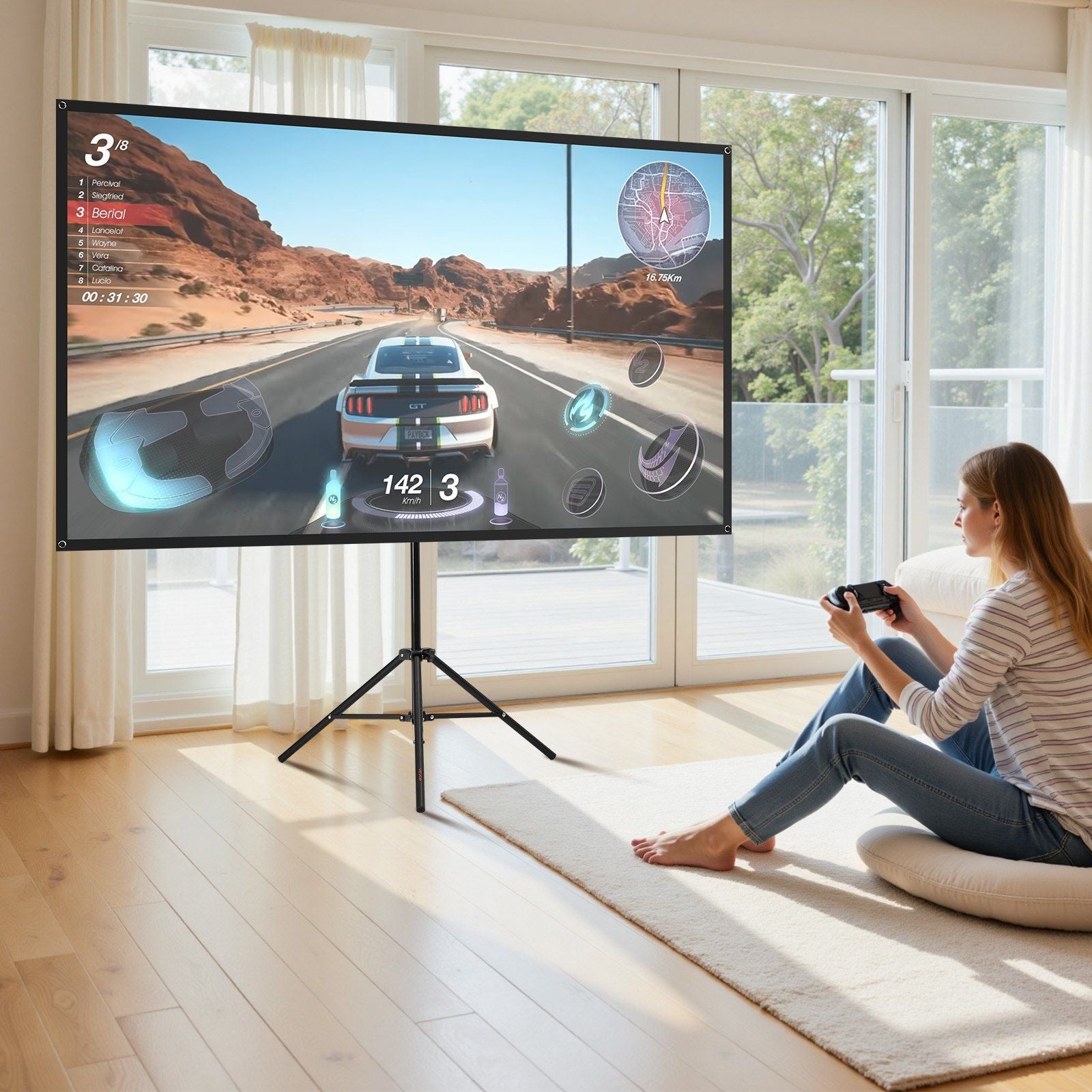 Projector Screen with Stand, 80 Inch 160 degrees Wide Angle Indoor Outdoor Projection Screen, 16:9 4K HD V952-ZJSTYPMEKSJZ80OE1001V0