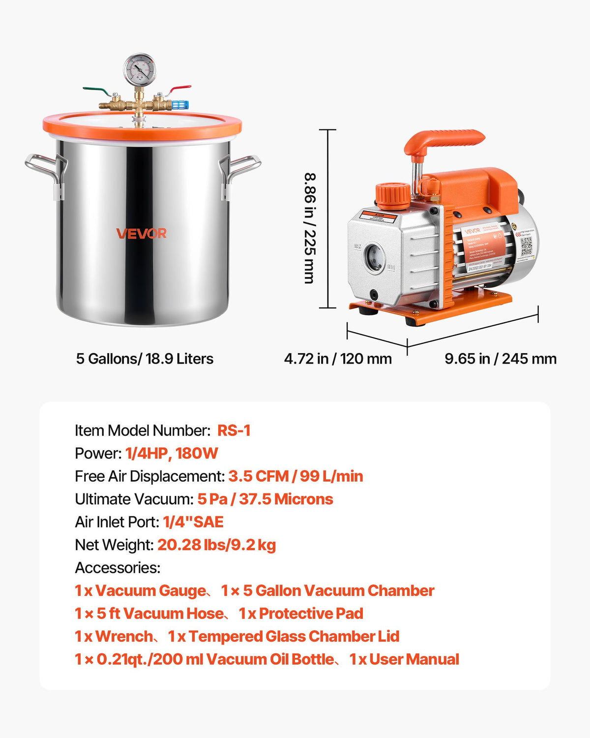 18.93 L Vacuum Chamber with Pump, 3.5 CFM 99 L/min, Single Stage Vacuum Pump, Stainless Steel Degassing V952-ZKBYZKTTZDJ1B45UM001V3