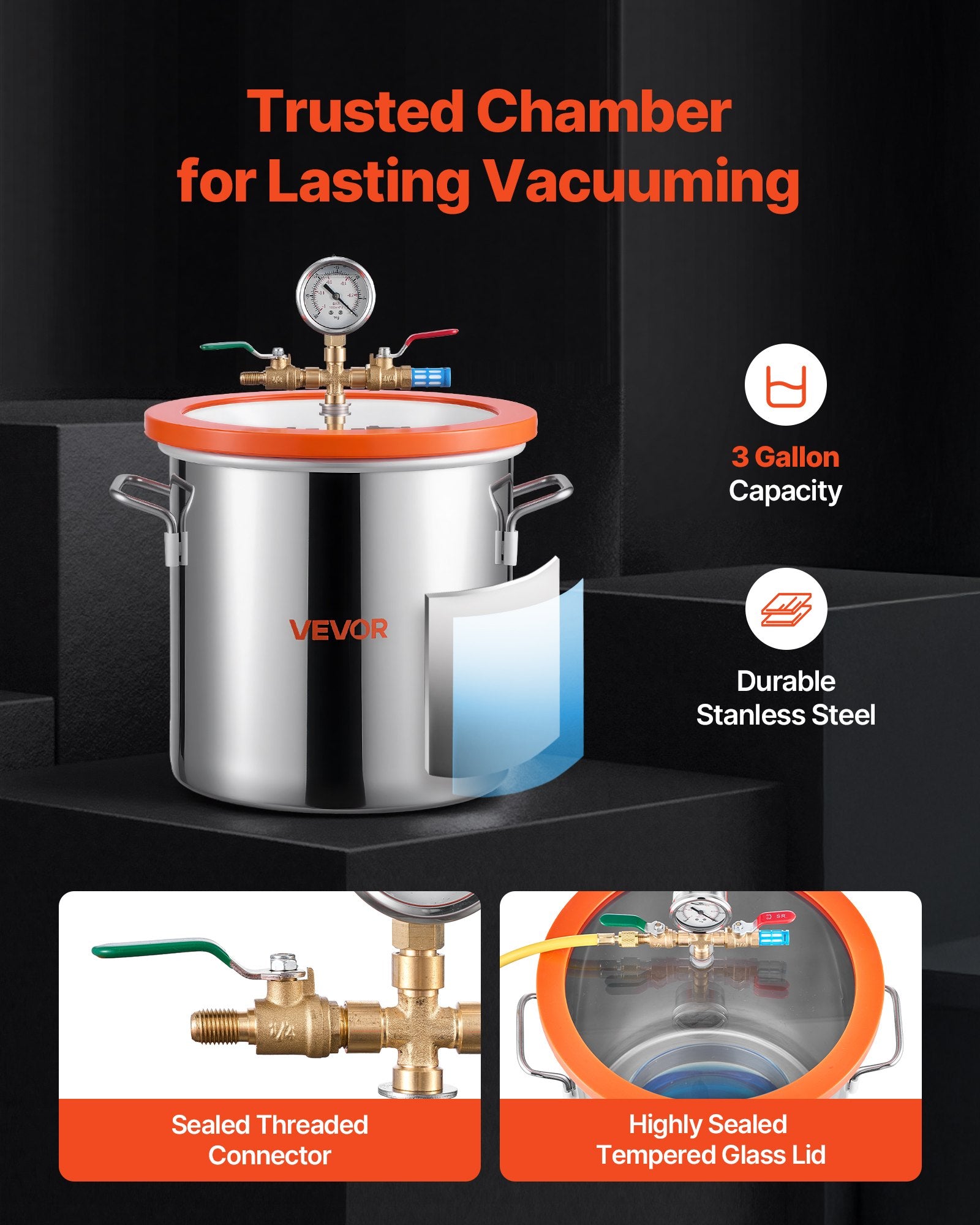 11.36 L Vacuum Chamber with Pump, 3.5 CFM 99 L/min, Single Stage Vacuum Pump, Stainless Steel Degassing V952-ZKBYZKTTZDJ1C7IAJ001V3