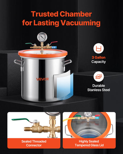 11.36 L Vacuum Chamber with Pump, 3.5 CFM 99 L/min, Single Stage Vacuum Pump, Stainless Steel Degassing V952-ZKBYZKTTZDJ1C7IAJ001V3