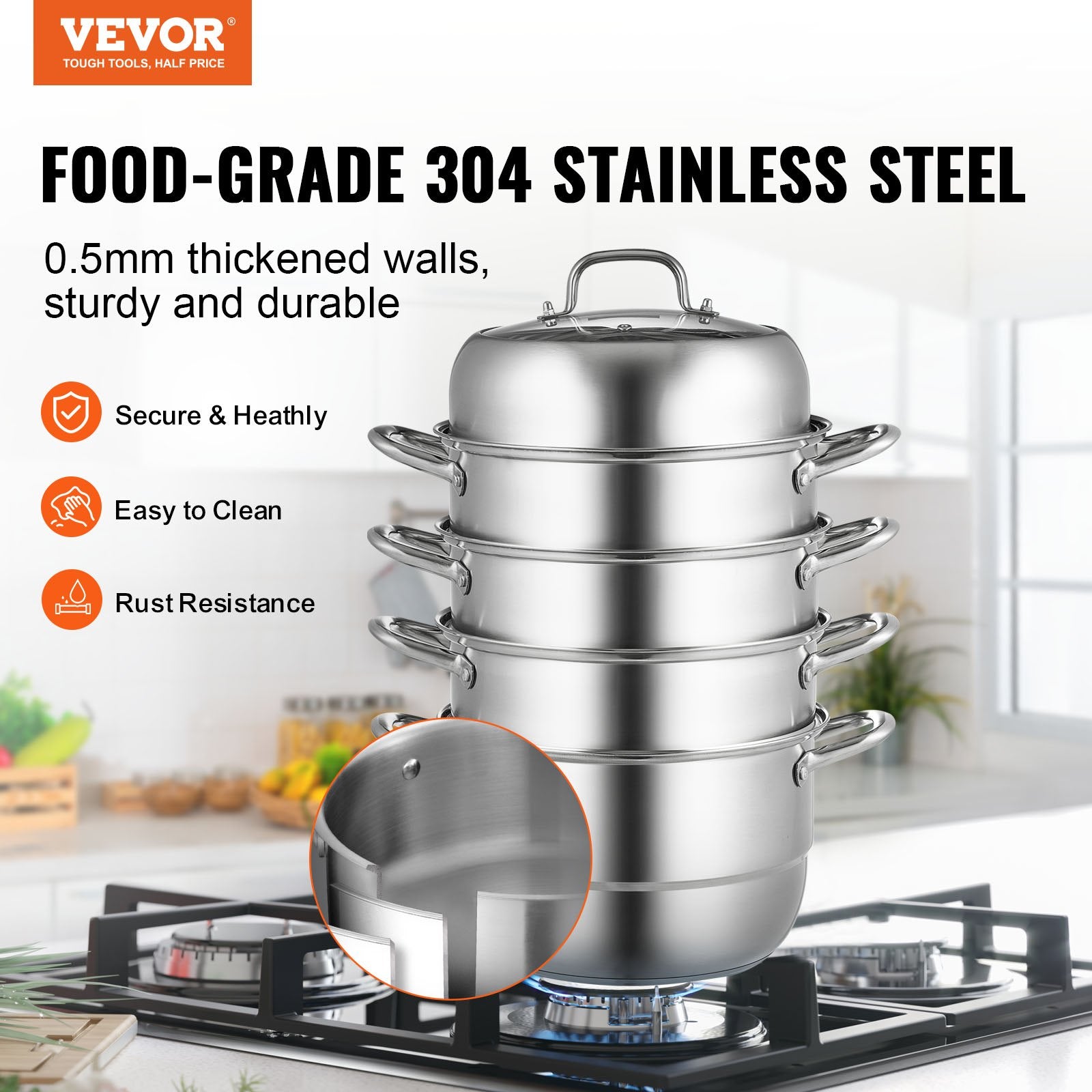 Dumpling Steamer Stainless Steel 5 Titer for for Cook Soup, Noodles, Fishes Work with Gas Electric Grill V952-ZL5CBXGZL30CM0001V0
