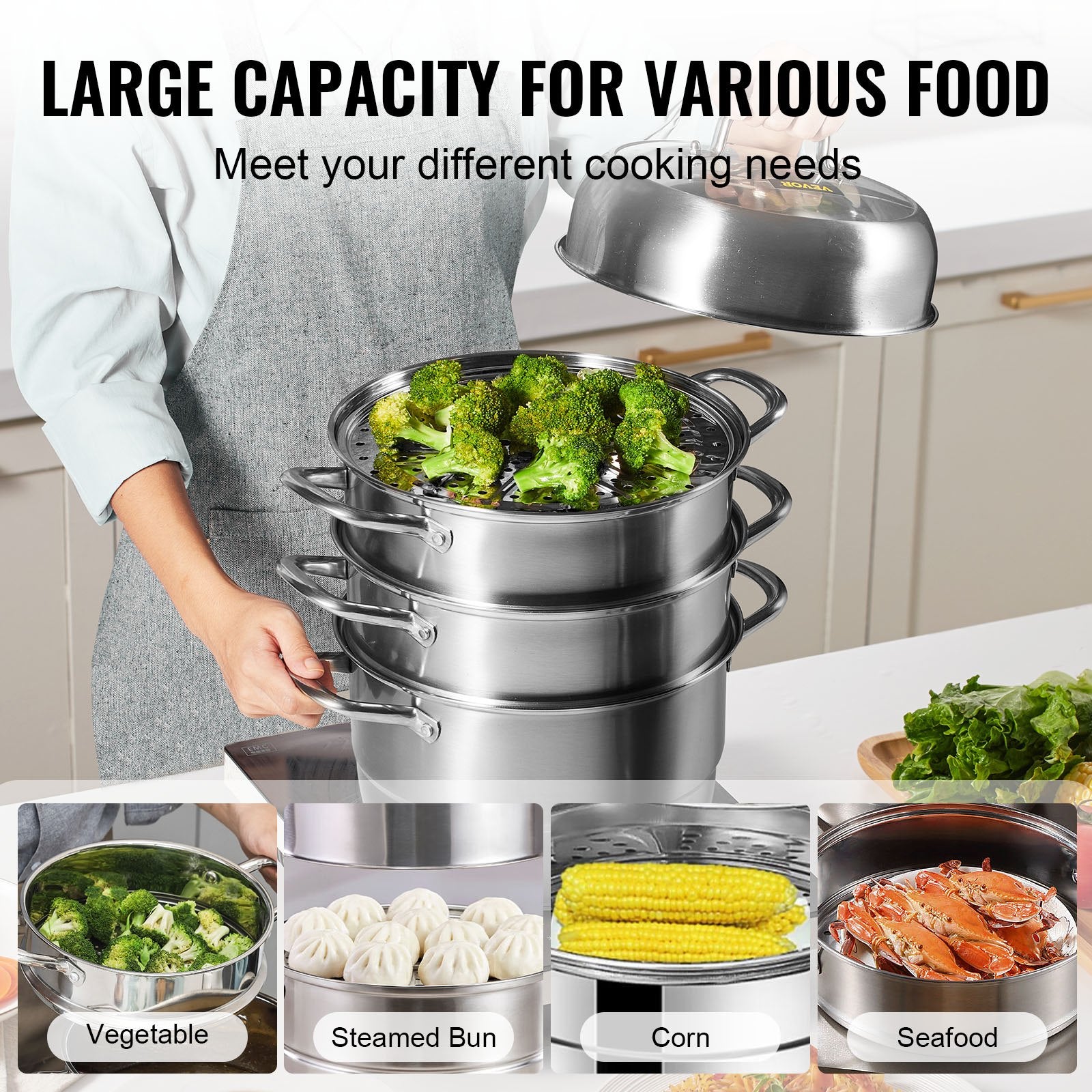 Dumpling Steamer Stainless Steel 5 Titer for for Cook Soup, Noodles, Fishes Work with Gas Electric Grill V952-ZL5CBXGZL30CM0001V0
