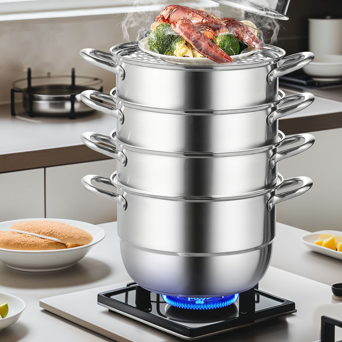 Dumpling Steamer Stainless Steel 5 Titer for for Cook Soup, Noodles, Fishes Work with Gas Electric Grill V952-ZL5CBXGZL30CM0001V0