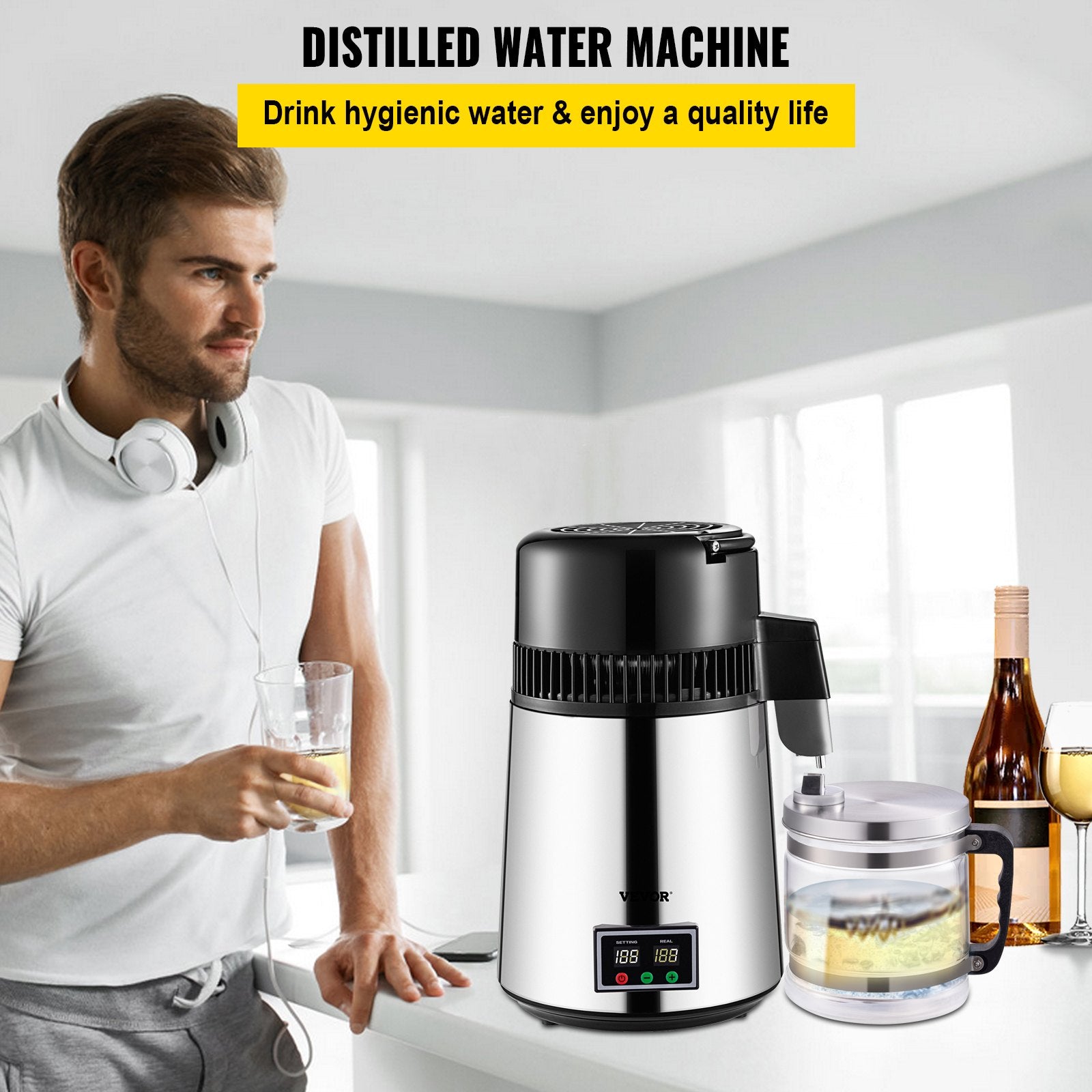 1.1 Gal Water Distiller, 0.3 Gal/H, 750W Distilled Water Maker Machine 0-99H Timing Set Temp Display, 304 V952-ZLJWXKYSACIHVQ18CV3