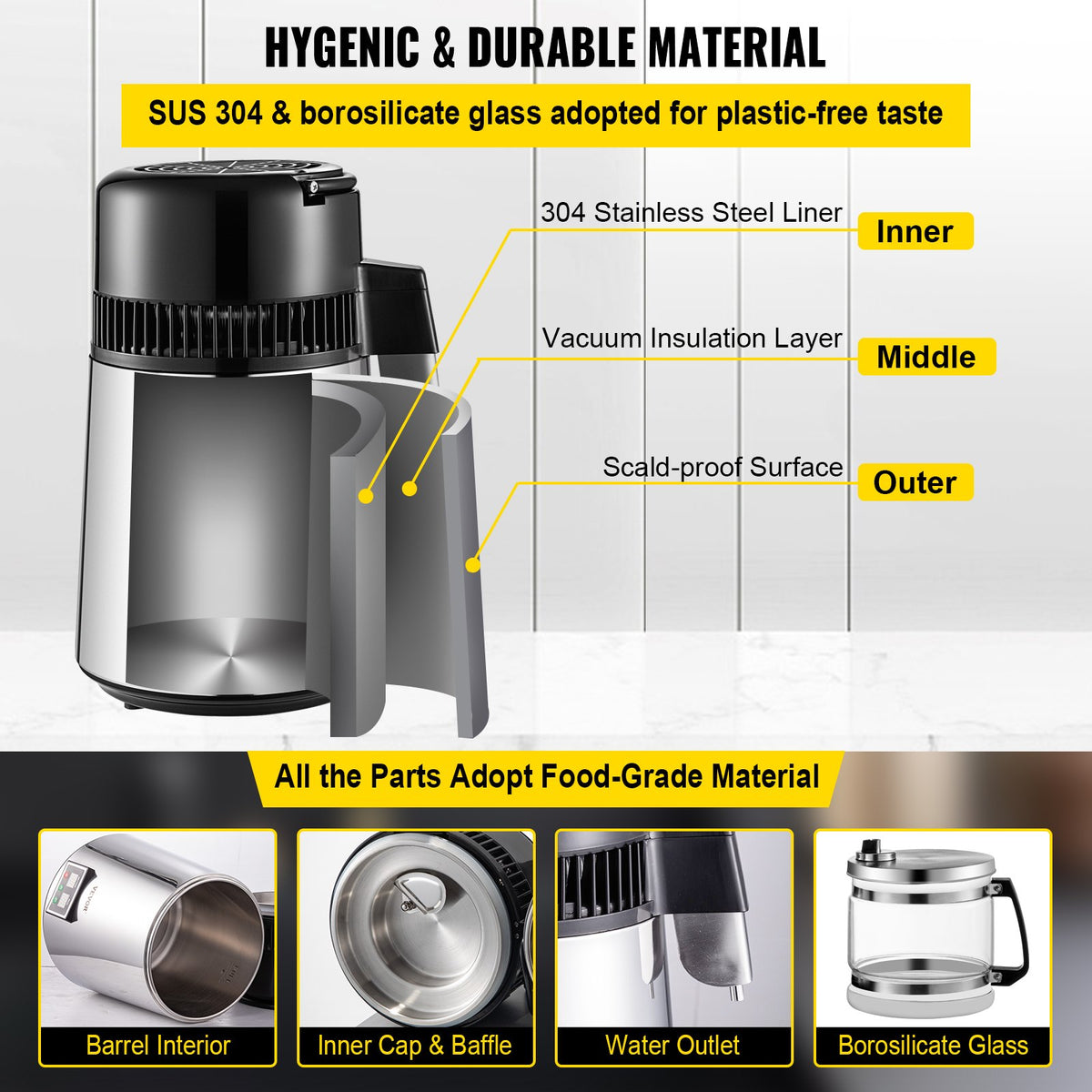 1.1 Gal Water Distiller, 0.3 Gal/H, 750W Distilled Water Maker Machine 0-99H Timing Set Temp Display, 304 V952-ZLJWXKYSACIHVQ18CV3