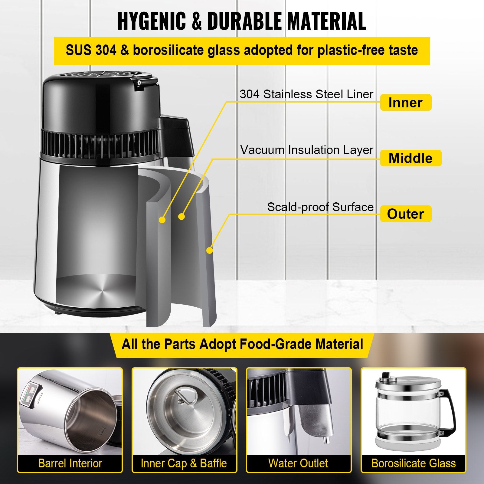 1.1 Gal Water Distiller, 0.3 Gal/H, 750W Distilled Water Maker Machine 0-99H Timing Set Temp Display, 304 V952-ZLJWXKYSACIHVQ18CV3