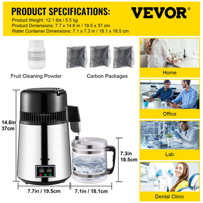 1.1 Gal Water Distiller, 0.3 Gal/H, 750W Distilled Water Maker Machine 0-99H Timing Set Temp Display, 304 V952-ZLJWXKYSACIHVQ18CV3