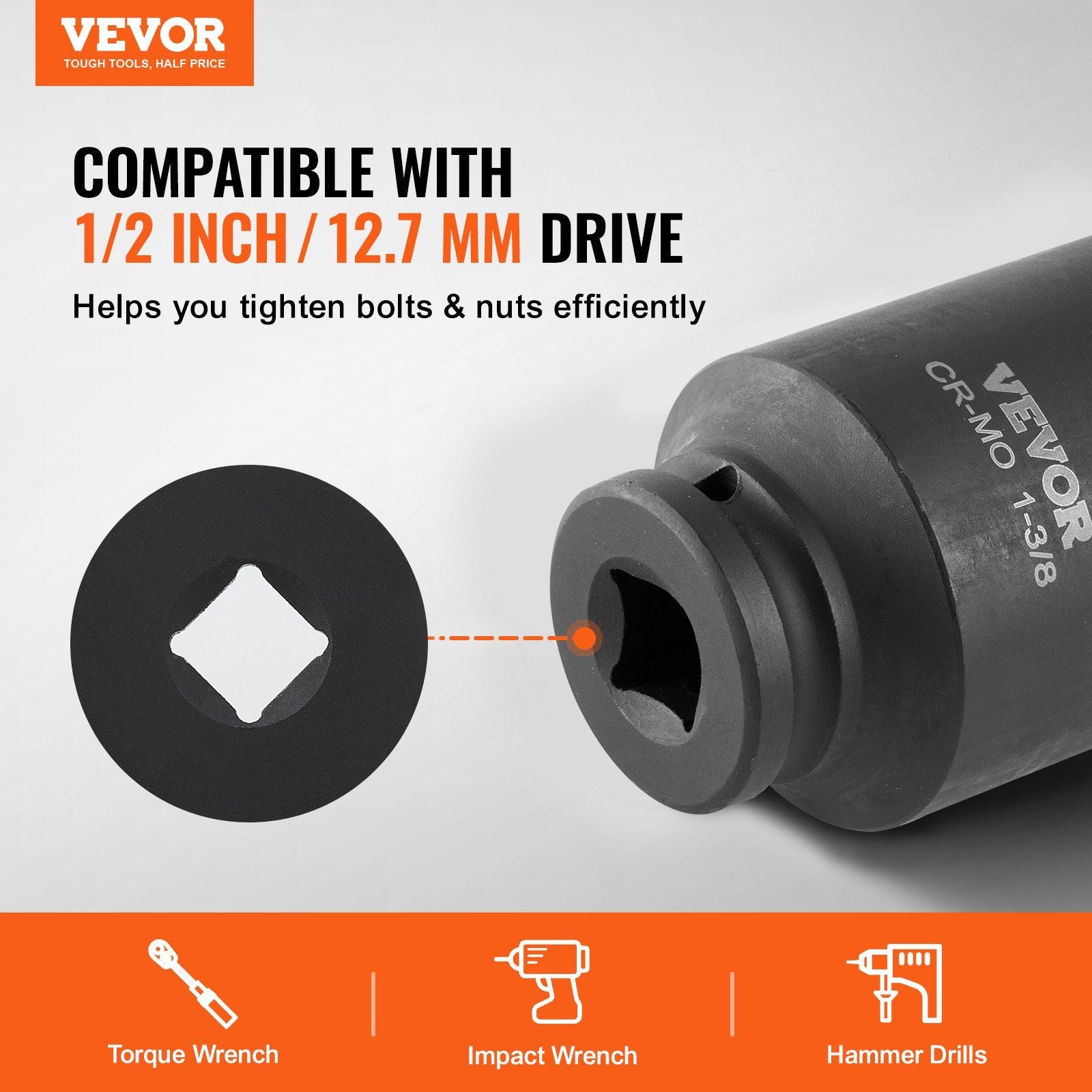 Axle Nut Impact Socket Set, 1/2" Drive Deep 6-Point 8-Piece SAE Spindle Nut Socket Set, CR-MO Heat Treated V952-ZLMTTCZLM126S59KUV0