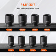 Axle Nut Impact Socket Set, 1/2" Drive Deep 6-Point 8-Piece SAE Spindle Nut Socket Set, CR-MO Heat Treated V952-ZLMTTCZLM126S59KUV0