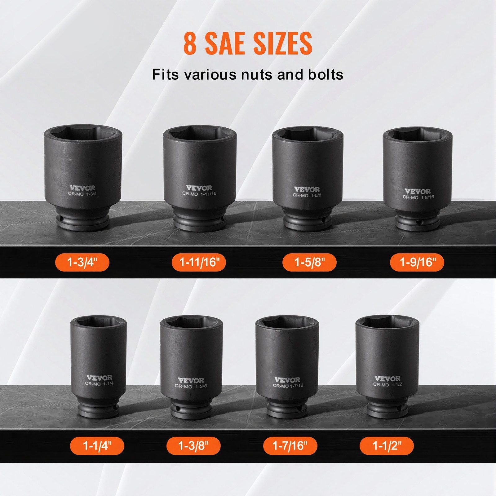 Axle Nut Impact Socket Set, 1/2" Drive Deep 6-Point 8-Piece SAE Spindle Nut Socket Set, CR-MO Heat Treated V952-ZLMTTCZLM126S59KUV0