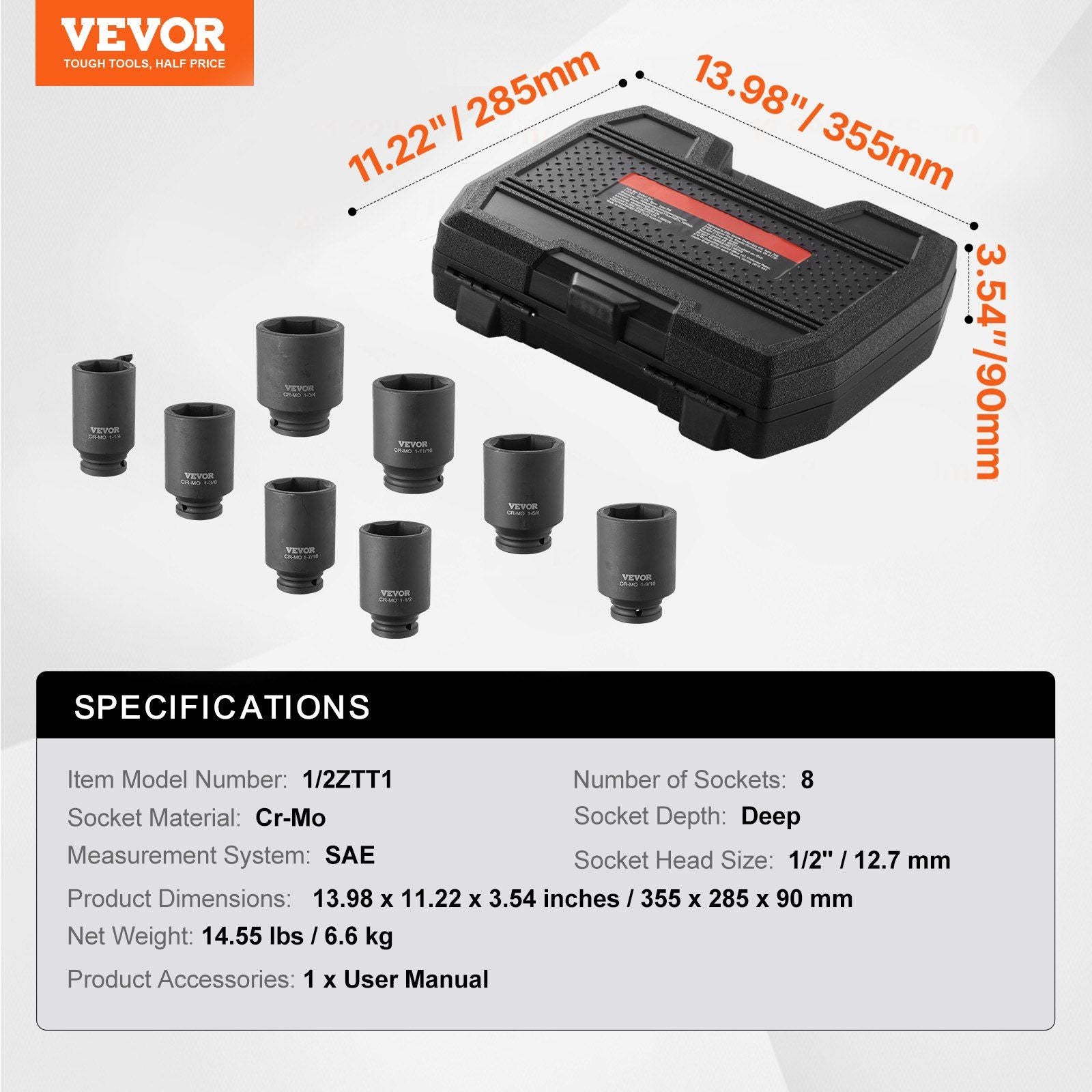 Axle Nut Impact Socket Set, 1/2" Drive Deep 6-Point 8-Piece SAE Spindle Nut Socket Set, CR-MO Heat Treated V952-ZLMTTCZLM126S59KUV0