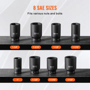 Axle Nut Impact Socket Set, 3/4" Drive Deep 6-Point 8-Piece SAE Spindle Nut Socket Set, CR-MO Heat Treated V952-ZLMTTCZLM34693CRKV0