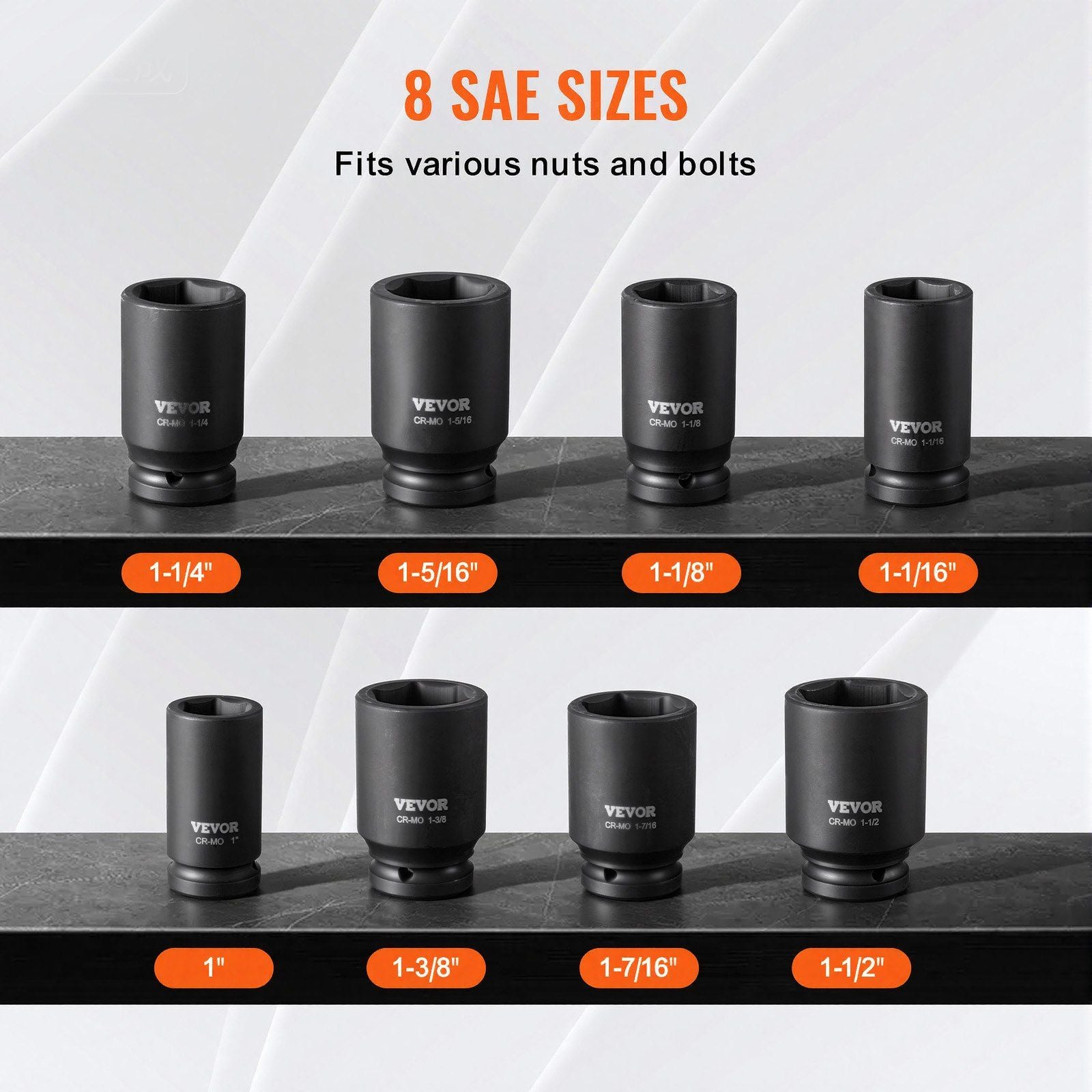 Axle Nut Impact Socket Set, 3/4" Drive Deep 6-Point 8-Piece SAE Spindle Nut Socket Set, CR-MO Heat Treated V952-ZLMTTCZLM34693CRKV0