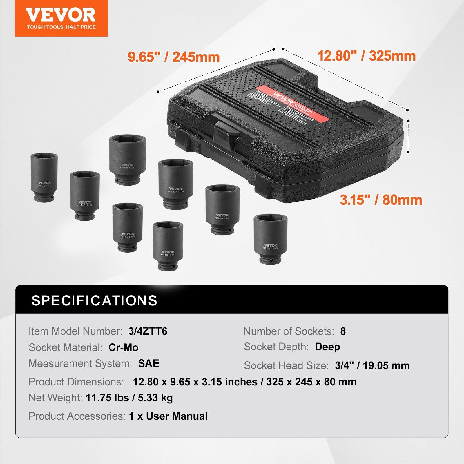 Axle Nut Impact Socket Set, 3/4" Drive Deep 6-Point 8-Piece SAE Spindle Nut Socket Set, CR-MO Heat Treated V952-ZLMTTCZLM34693CRKV0