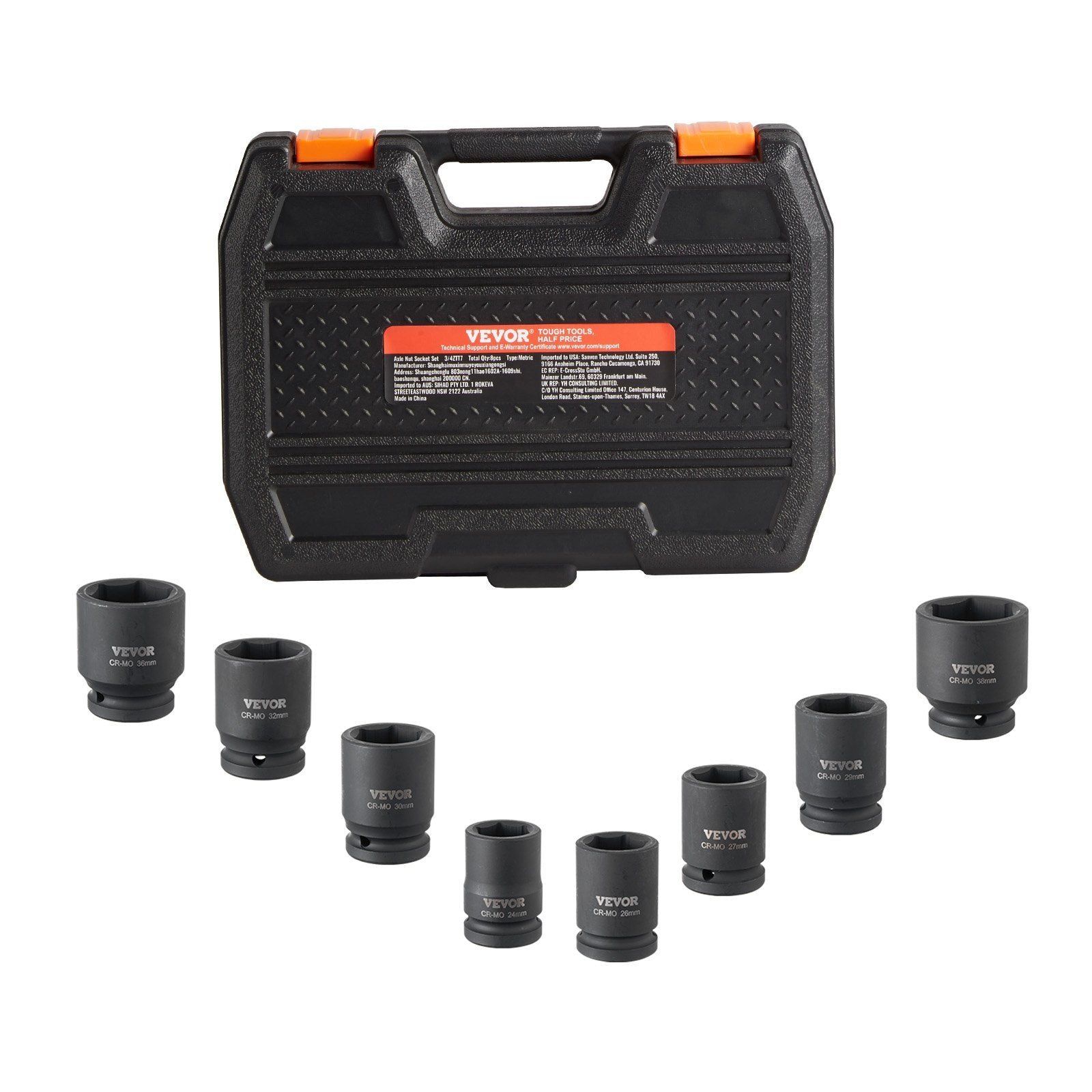 Axle Nut Impact Socket Set, 3/4" Drive 6-Point 8-Piece Metric Spindle Nut Socket Set, CR-MO Heat Treated V952-ZLMTTCZLM346RSOKVV0
