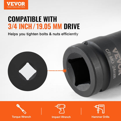 Axle Nut Impact Socket Set, 3/4" Drive 6-Point 8-Piece Metric Spindle Nut Socket Set, CR-MO Heat Treated V952-ZLMTTCZLM346RSOKVV0