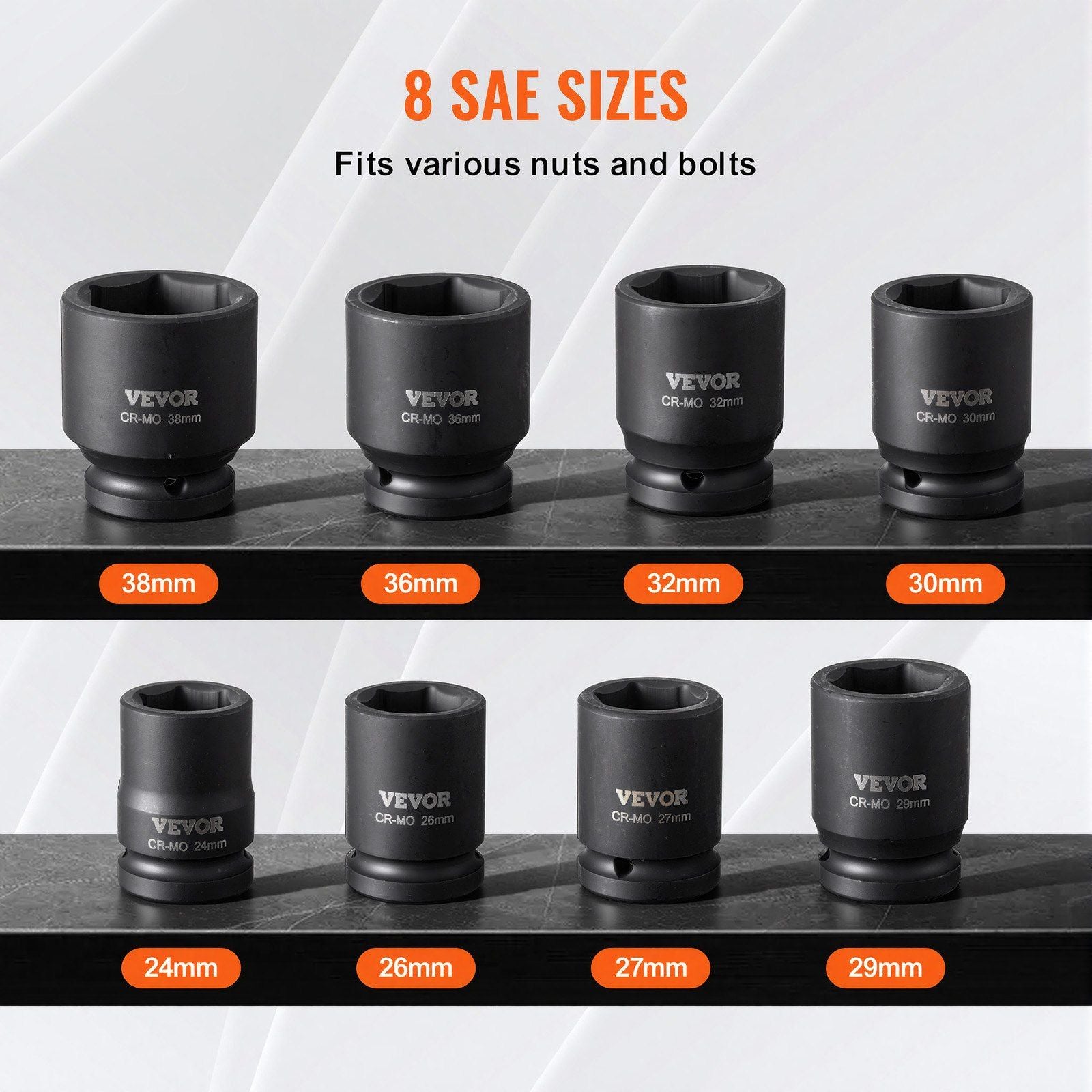 Axle Nut Impact Socket Set, 3/4" Drive 6-Point 8-Piece Metric Spindle Nut Socket Set, CR-MO Heat Treated V952-ZLMTTCZLM346RSOKVV0