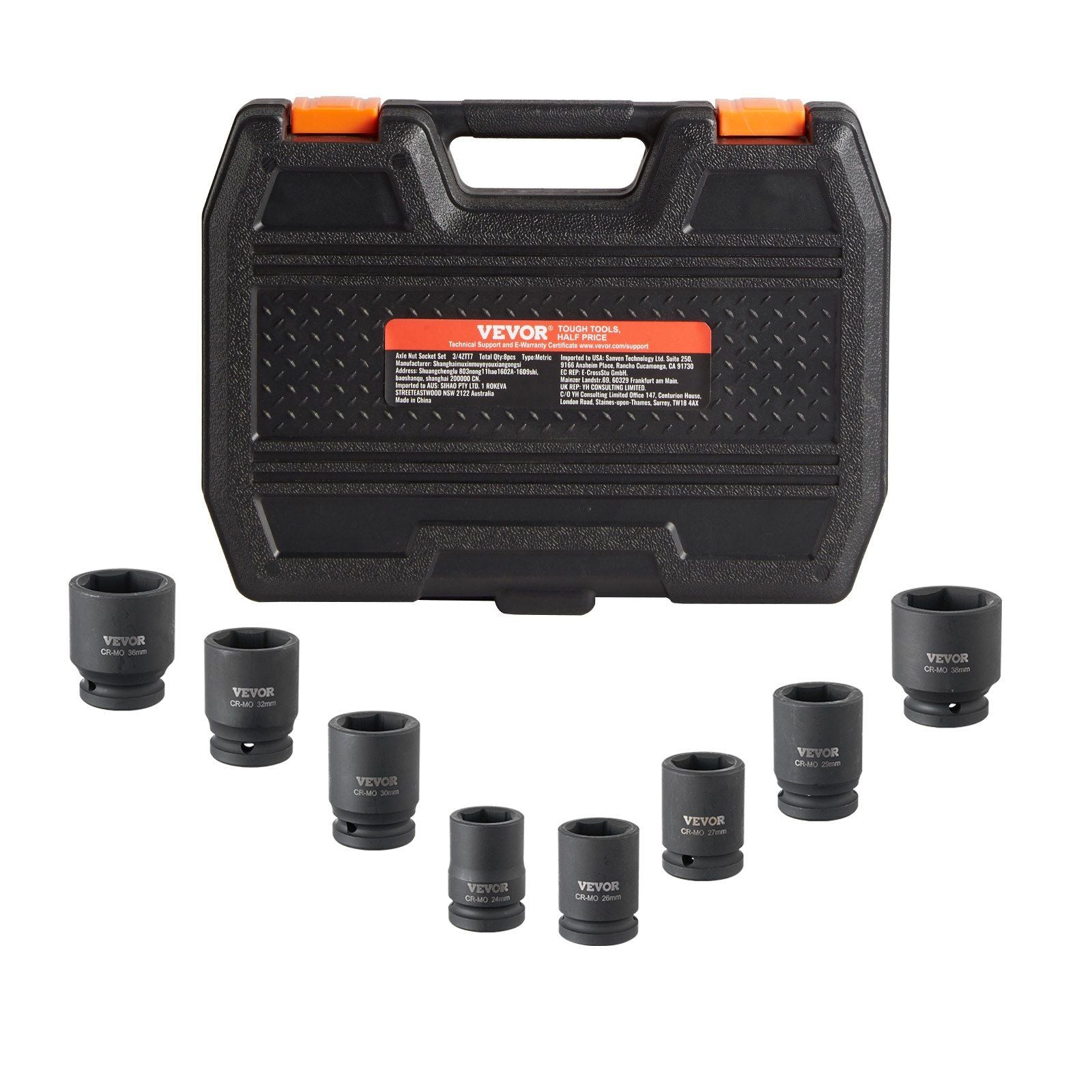 Axle Nut Impact Socket Set, 3/4" Drive 6-Point 8-Piece Metric Spindle Nut Socket Set, CR-MO Heat Treated V952-ZLMTTCZLM346RSOKVV0