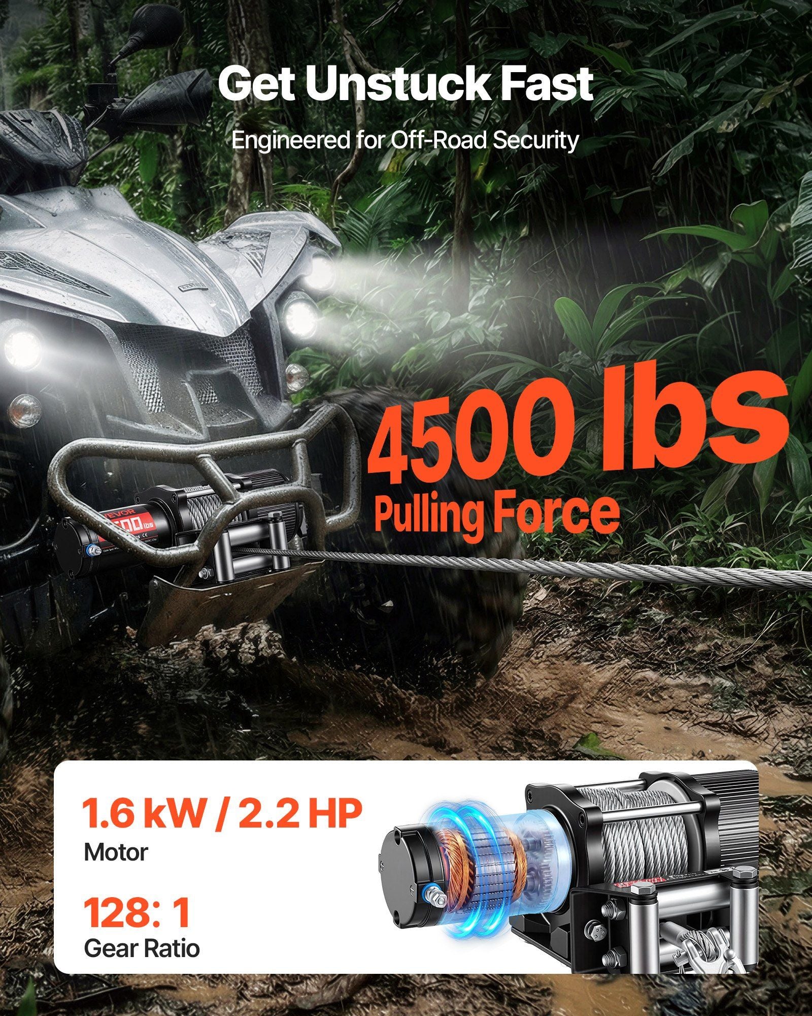 2041 kg Electric Winch, 12V DC ATV/UTV Winch with 6 mm x 12 m Steel Wire Rope, Wireless & Wired Remote V952-ZLQDXGSSJP45OJ5B5001V9