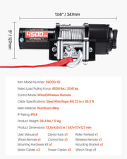 2041 kg Electric Winch, 12V DC ATV/UTV Winch with 6 mm x 12 m Steel Wire Rope, Wireless & Wired Remote V952-ZLQDXGSSJP45OJ5B5001V9