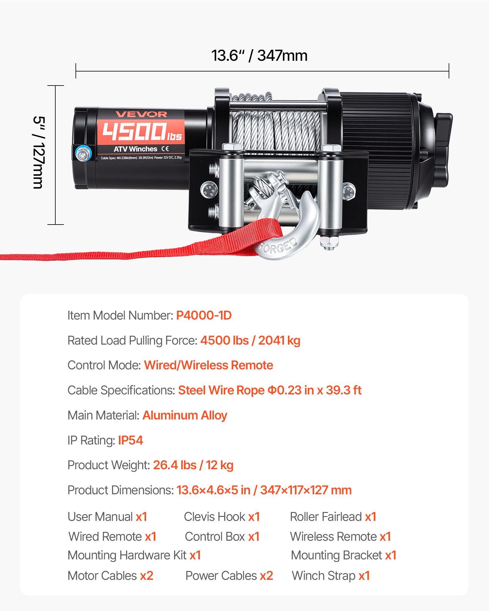 2041 kg Electric Winch, 12V DC ATV/UTV Winch with 6 mm x 12 m Steel Wire Rope, Wireless & Wired Remote V952-ZLQDXGSSJP45OJ5B5001V9