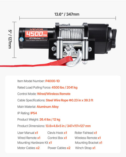 2041 kg Electric Winch, 12V DC ATV/UTV Winch with 6 mm x 12 m Steel Wire Rope, Wireless & Wired Remote V952-ZLQDXGSSJP45OJ5B5001V9