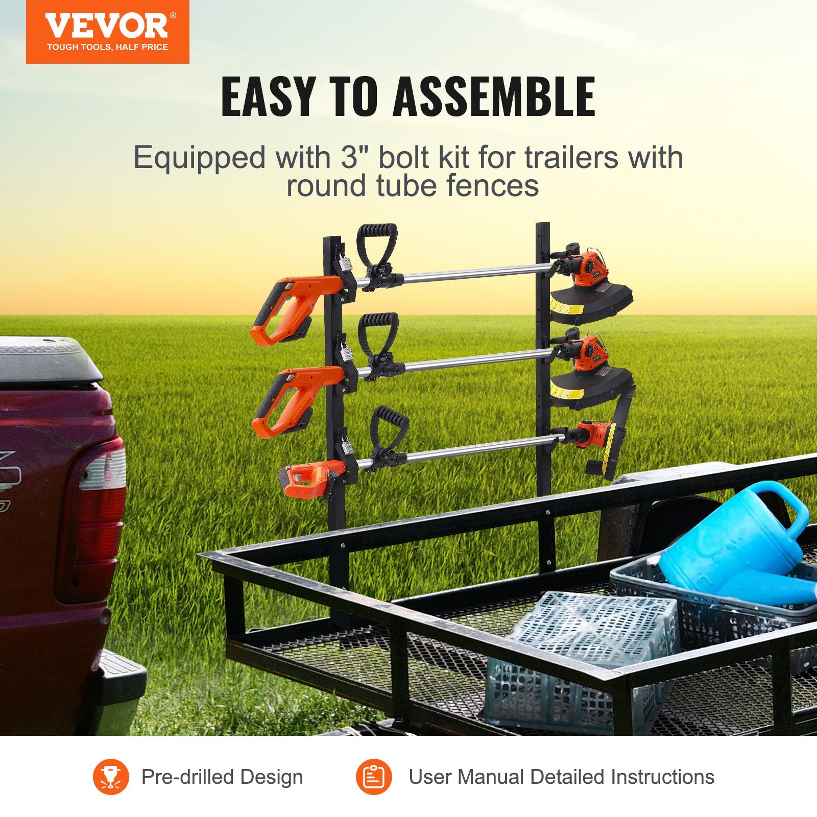 Trimmer Rack, 3 Place Weeder Trimmer Rack, Locking Trim Holder Landscape Trailer Rack Carrier Mount on Open V952-ZLSDCJGJ3000VHDC7V0