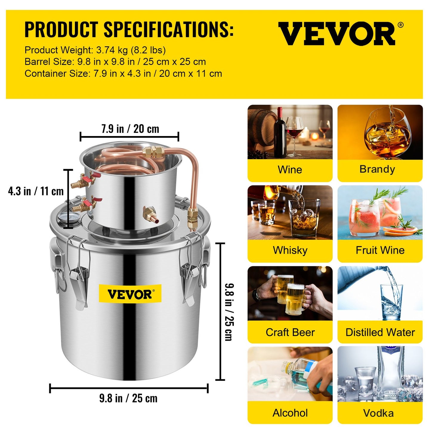 Moonshine Still 3 Gal 12L Stainless Steel Water Alcohol Distiller Copper Tube Home Brewing Kit Build-in V952-ZLSJ3GALZLQ000001V0