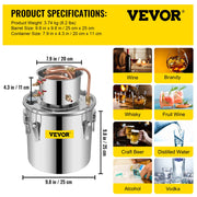 Moonshine Still 3 Gal 12L Stainless Steel Water Alcohol Distiller Copper Tube Home Brewing Kit Build-in V952-ZLSJ3GALZLQ000001V0