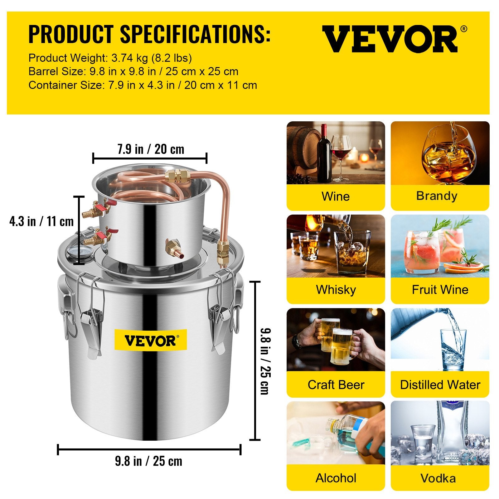 Moonshine Still 3 Gal 12L Stainless Steel Water Alcohol Distiller Copper Tube Home Brewing Kit Build-in V952-ZLSJ3GALZLQ000001V0