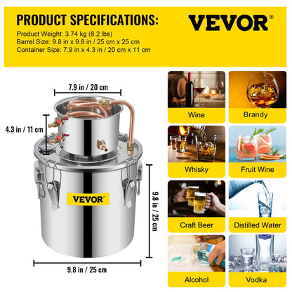 Moonshine Still 3 Gal 12L Stainless Steel Water Alcohol Distiller Copper Tube Home Brewing Kit Build-in V952-ZLSJ3GALZLQ000001V0