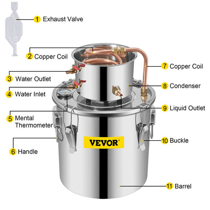 Moonshine Still 3 Gal 12L Stainless Steel Water Alcohol Distiller Copper Tube Home Brewing Kit Build-in V952-ZLSJ3GALZLQ000001V0