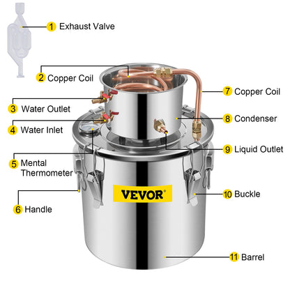 Moonshine Still 5 Gal 21L Stainless Steel Water Alcohol Distiller Copper Tube Home Brewing Kit Build-in V952-ZLSJ5GALZLQ000001V0