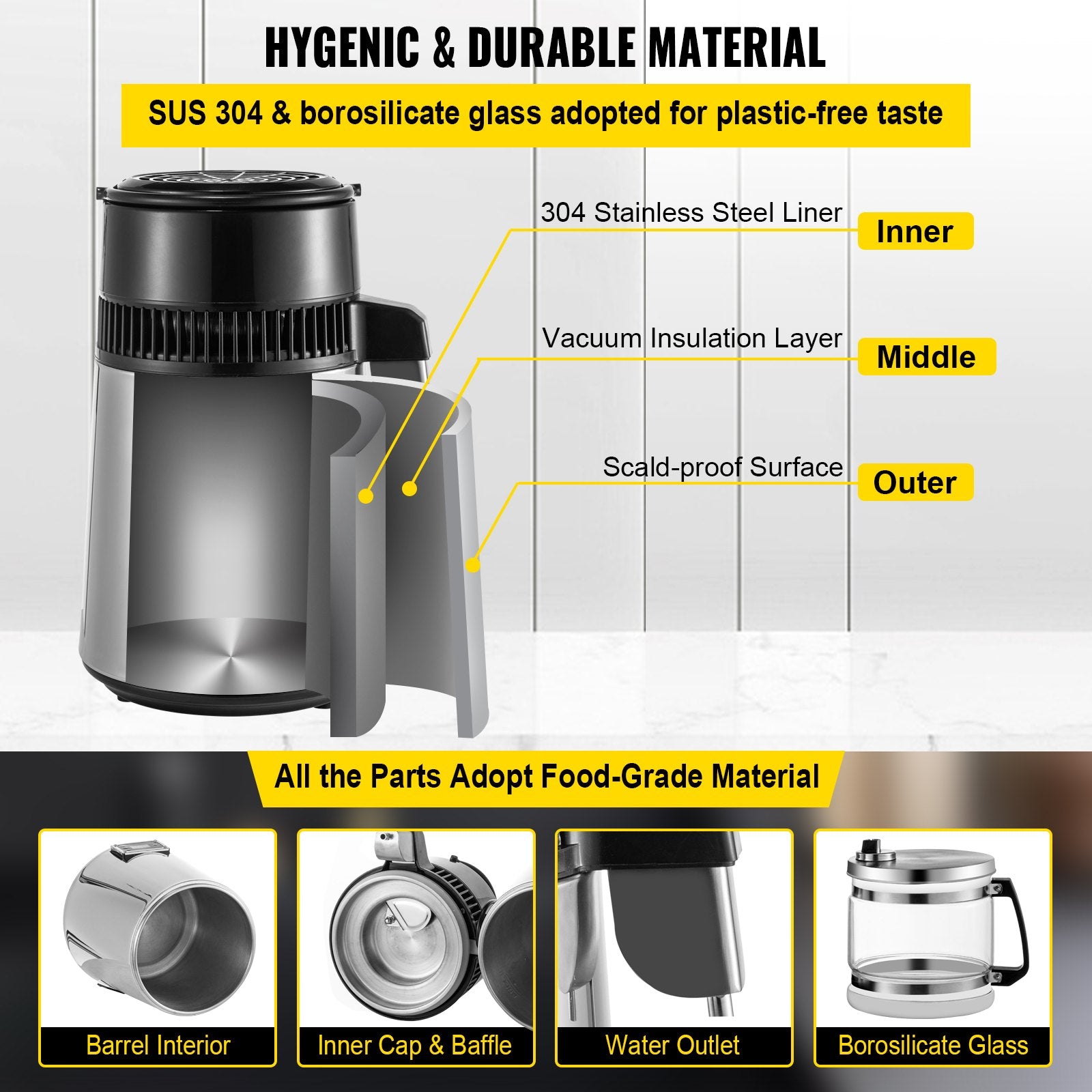 Countertop Water Distiller, 1.1 Gallon/4L, 750W Stainless Steel Distilled Water Making Machine, Purifier V952-ZLSJSC-3BXGLYSDWKV3