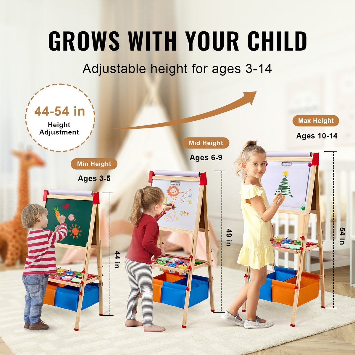 Art Easel for Kids, 3-in-1 Wooden Double-Sided Kid's Art Easel with Magnetic Whiteboard, Chalkboard, Paper V952-ZLSKMZZLSSMY23CYQV0