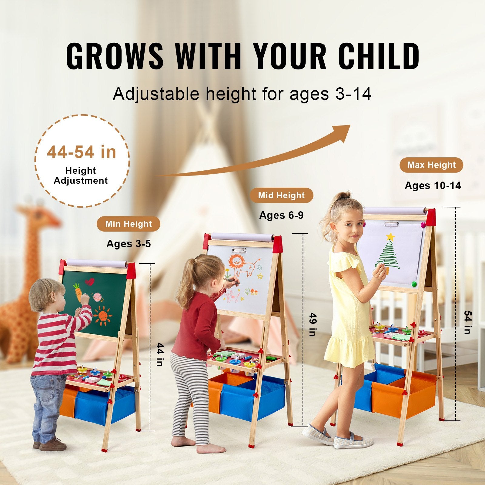 Art Easel for Kids, 3-in-1 Wooden Double-Sided Kid's Art Easel with Magnetic Whiteboard, Chalkboard, Paper V952-ZLSKMZZLSSMY23CYQV0