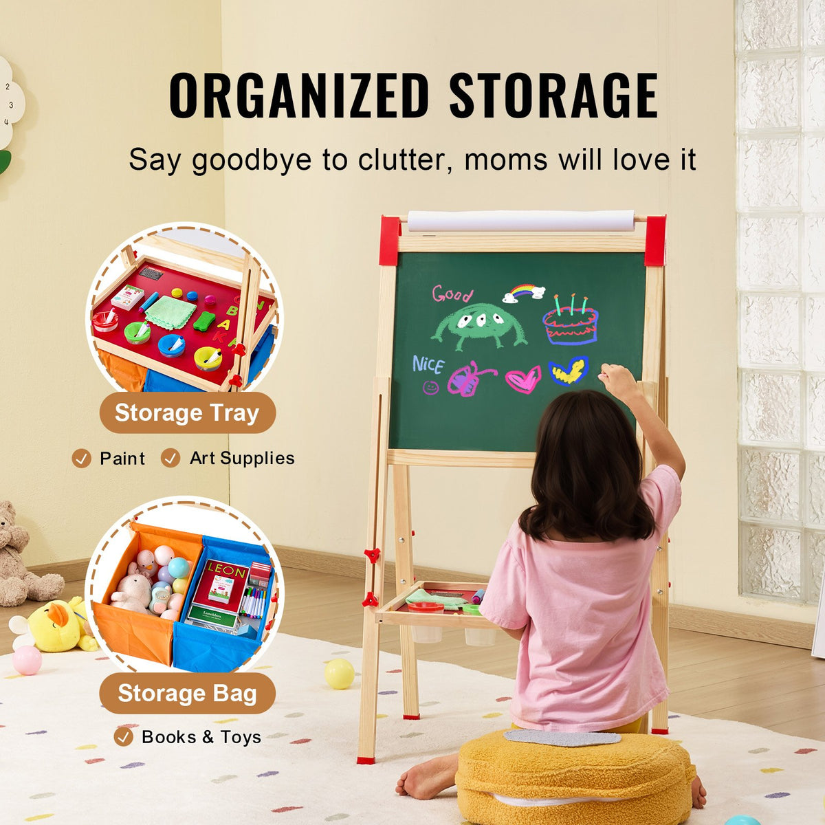 Art Easel for Kids, 3-in-1 Wooden Double-Sided Kid's Art Easel with Magnetic Whiteboard, Chalkboard, Paper V952-ZLSKMZZLSSMY23CYQV0