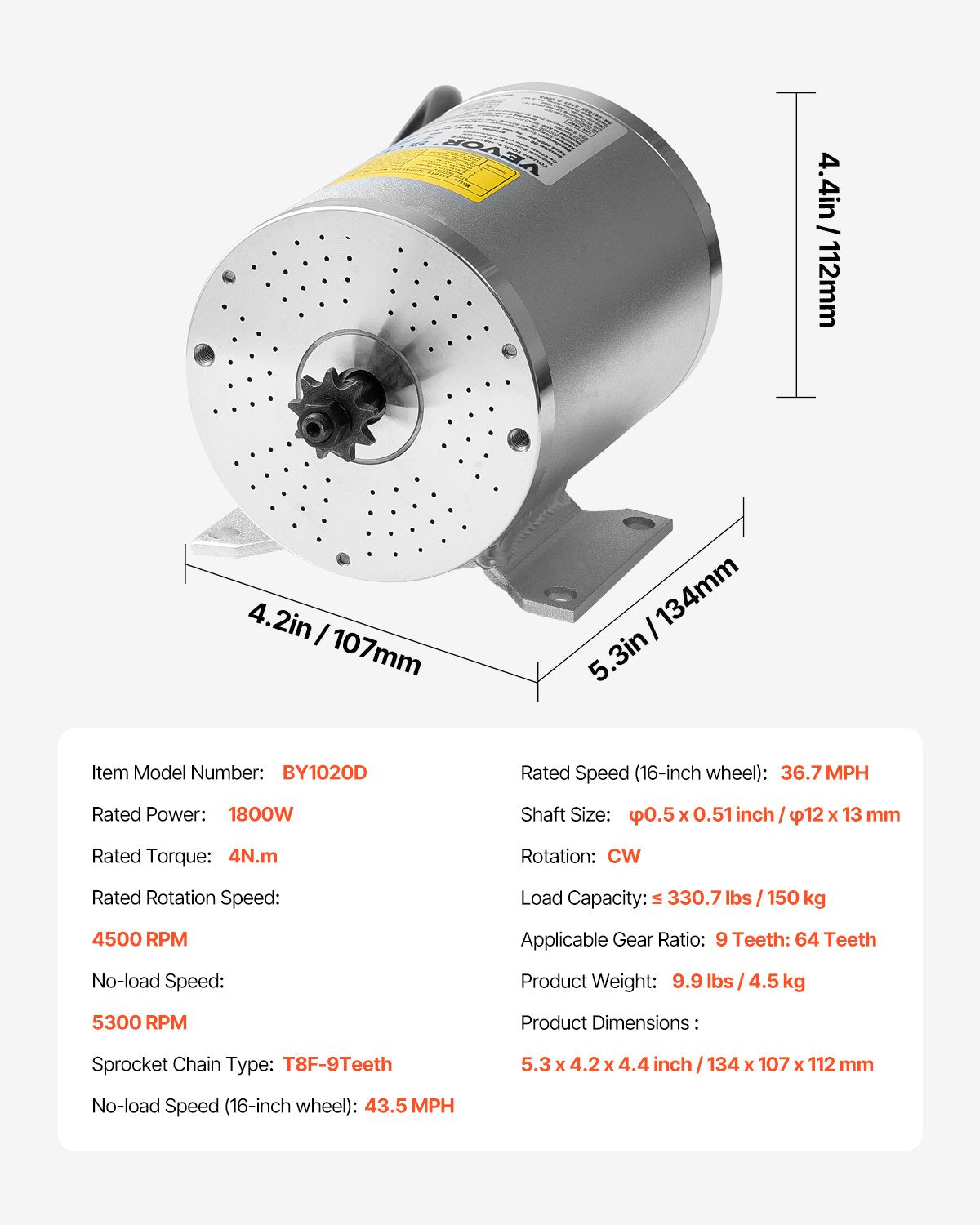 1800W Electric Brushless DC Motor 48V 4500rpm Motor for E-Bike Dirt Bike V952-ZLWSDJTJ1800MU0S6V9