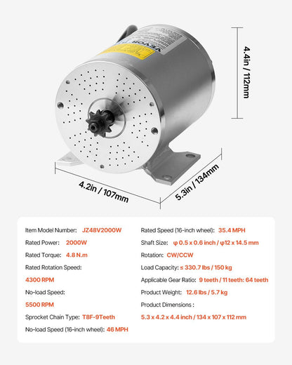 2000W Electric Brushless DC Motor Kit - 48V 4300rpm Motor with Upgraded Speed Controller and Throttle Grip V952-ZLWSDJTJ2000EEQF3V9