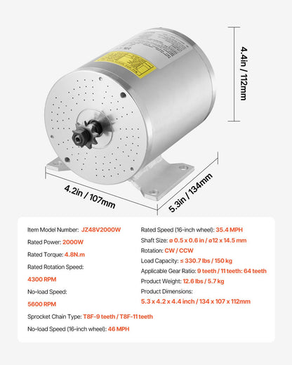 2000W Electric Brushless DC Motor Kit - 48V 4300rpm Motor with Upgraded Speed Controller and Throttle Grip V952-ZLWSDJTJ2000G4RXBV9