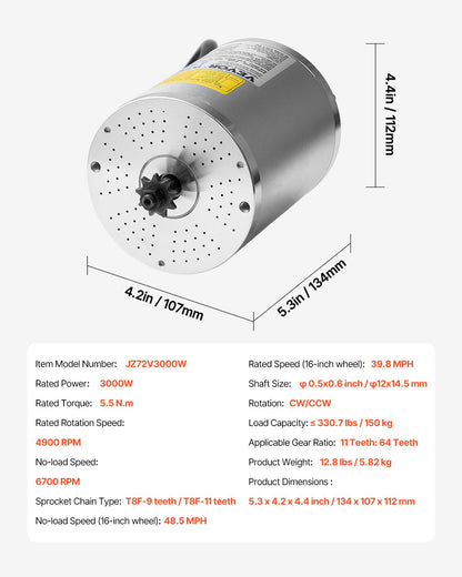 3000W Electric Brushless DC Motor Kit - 72V 4900rpm Motor with Upgraded Speed Controller for Go Karts E-Bike V952-ZLWSDJTJ30000IDZCV9