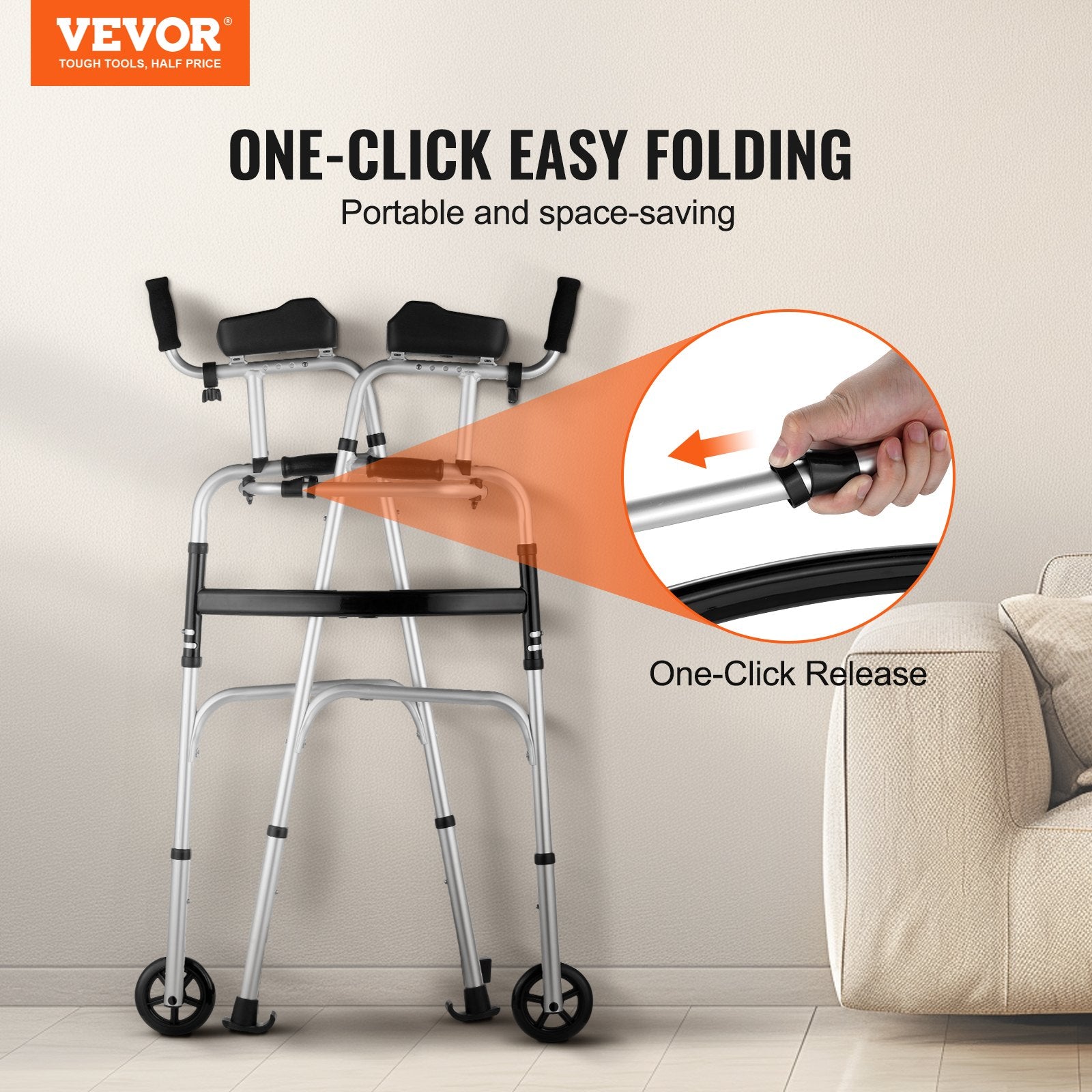 2 in 1 Folding Walker & Removable Armrests, Height Adjustable Foldable Walker with 5" Solid Wheels, V952-ZLZXCL200000G7LL4V0