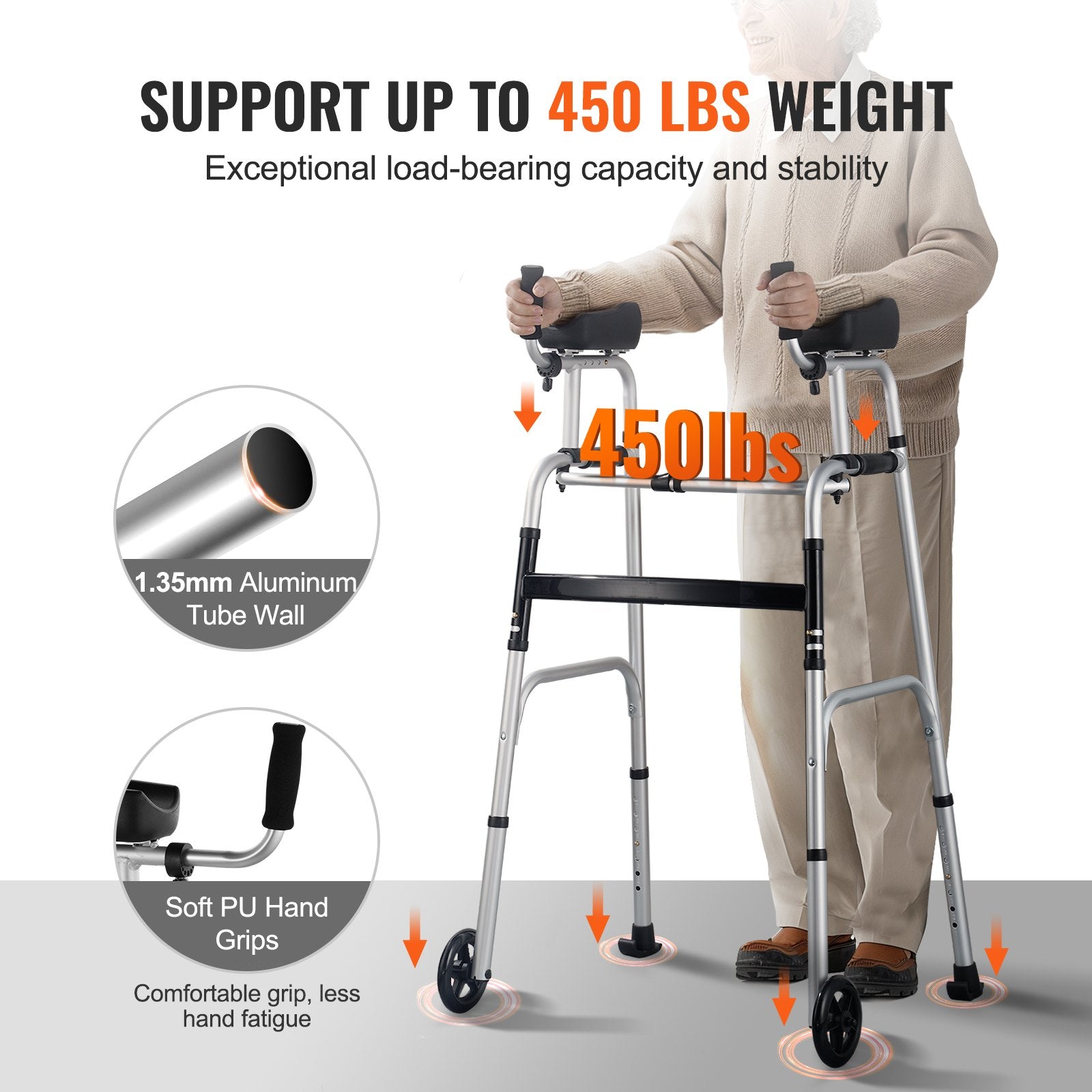 2 in 1 Folding Walker & Removable Armrests, Height Adjustable Foldable Walker with 5" Solid Wheels, V952-ZLZXCL200000G7LL4V0